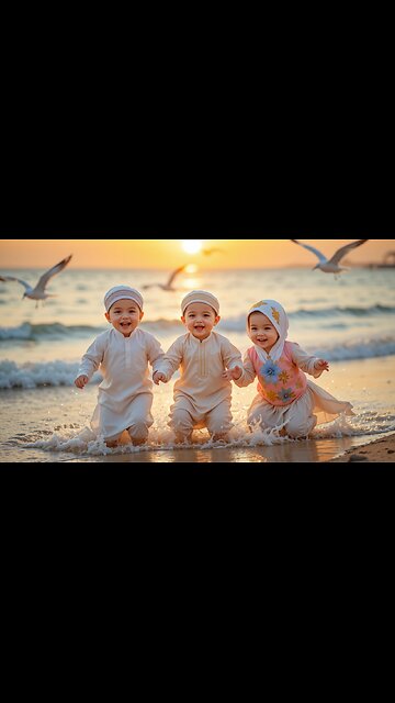 Adorable Triplets Play in the Waves: Pure Joy! 🌊👶✨