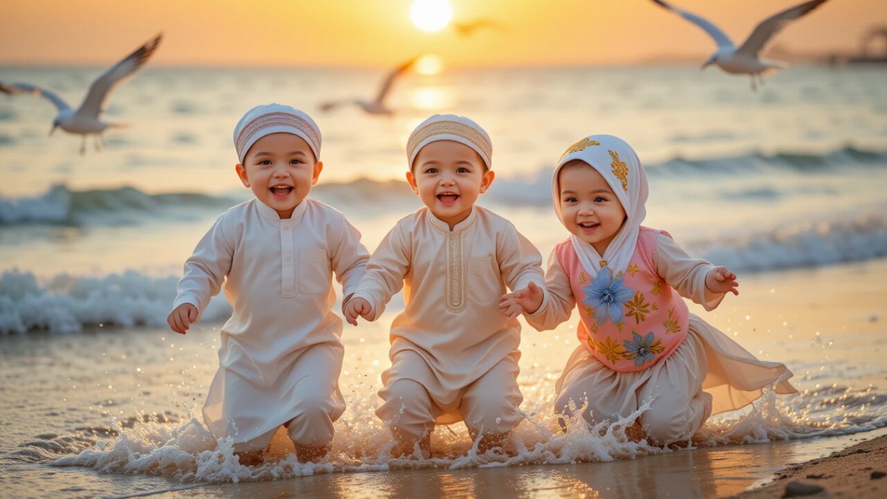 Adorable Triplets Play in the Waves: Pure Joy! 🌊👶✨