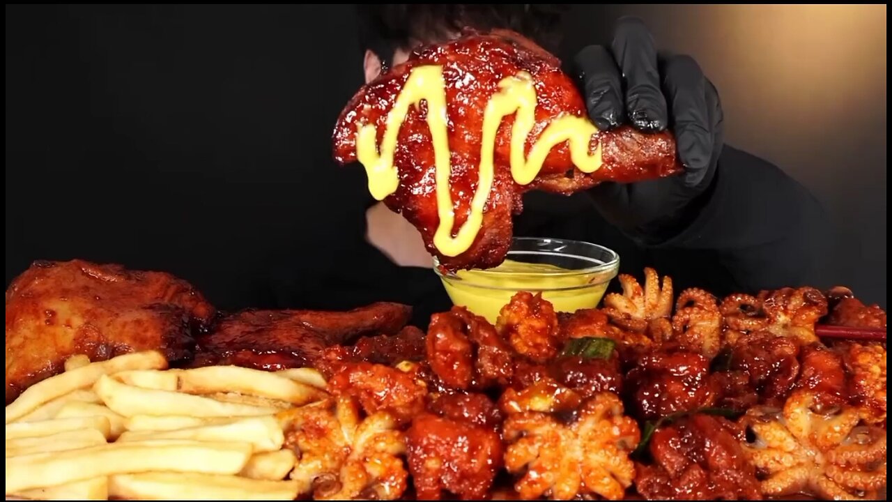 Chicken drumsticks, fried chicken, octopus, French fries