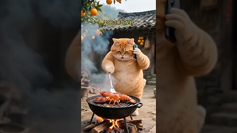 Fat Orange Cat and Shrimp Friend