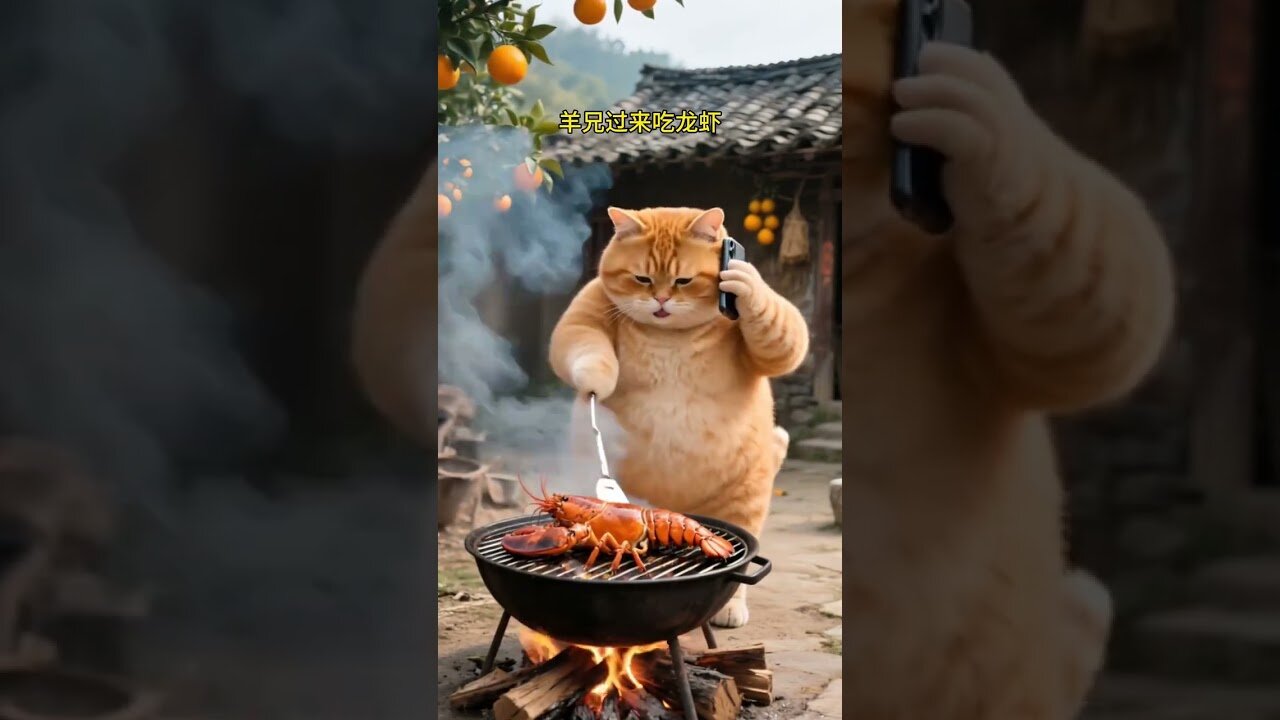Fat Orange Cat and Shrimp Friend