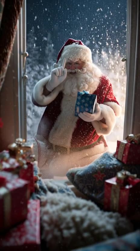 A close-up of a cozy bedroom window during a snowstorm. Suddenly, the window bursts open.