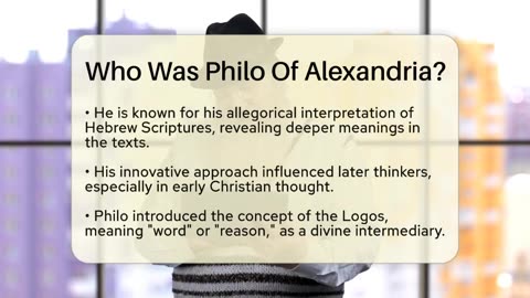 Chi era Filone di Alessandria d'Egitto? DOCUMENTARIO Filone fu uno scrittore di spicco della comunità ebraica ellenistica di Alessandria d'Egitto.Filone combinava la religione ebraica con la filosofia greca di Platone.