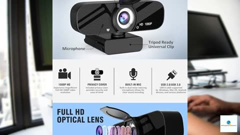 Full HD Webcam with Built-in Microphone and Rotatable Tripod, 1080P Video and Wide Angle C