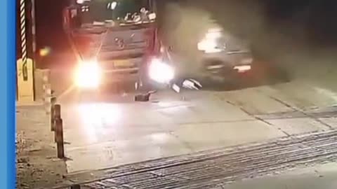 Car Crushed Between Truck and Train on Railway Crossing – Shocking Moment!