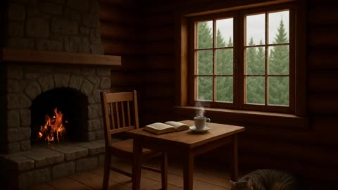 Rainy cabin with fireplace sounds