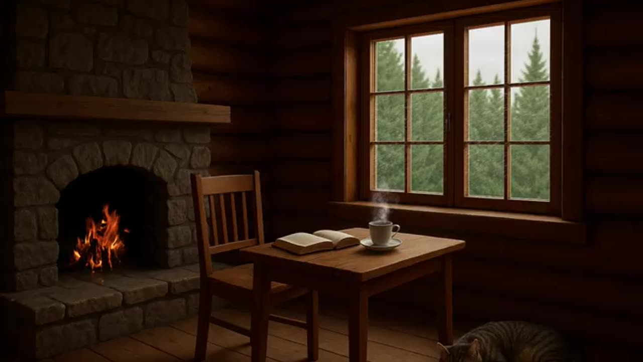 Rainy cabin with fireplace sounds