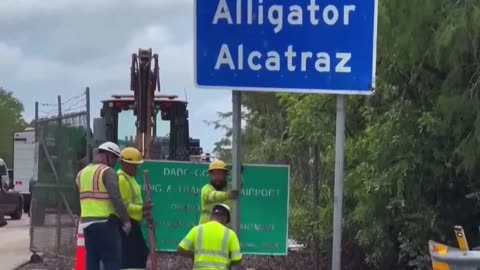 Road signs for the Alcatraz alligator are put up in Florida.