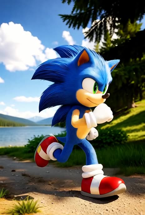Sonic the Hedgehog running in a natural Canadian outdoor setting, in a candid photography style.