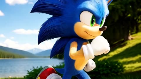 Sonic the Hedgehog running in a natural Canadian outdoor setting, in a candid photography style.