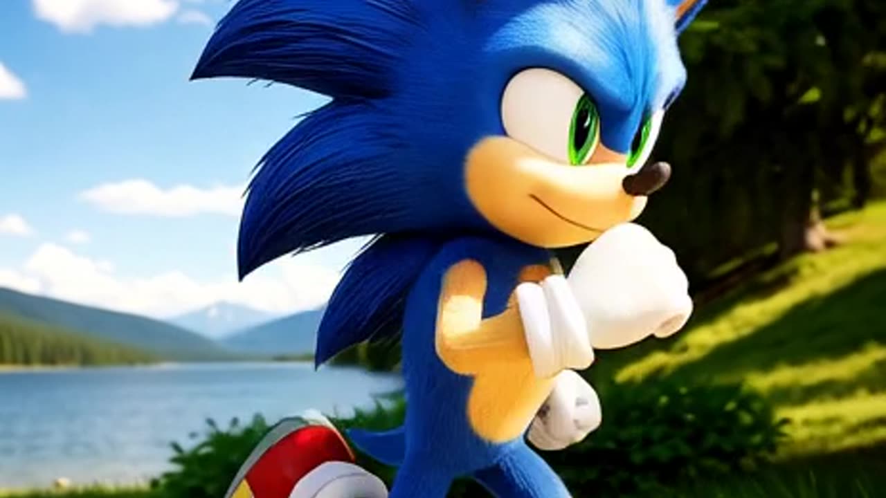Sonic the Hedgehog running in a natural Canadian outdoor setting, in a candid photography style.