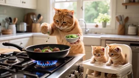 Mama Cat Toils to Raise Kittens - Cooks Big Meals, Knits Warm Clothes & Gives All Her Love!