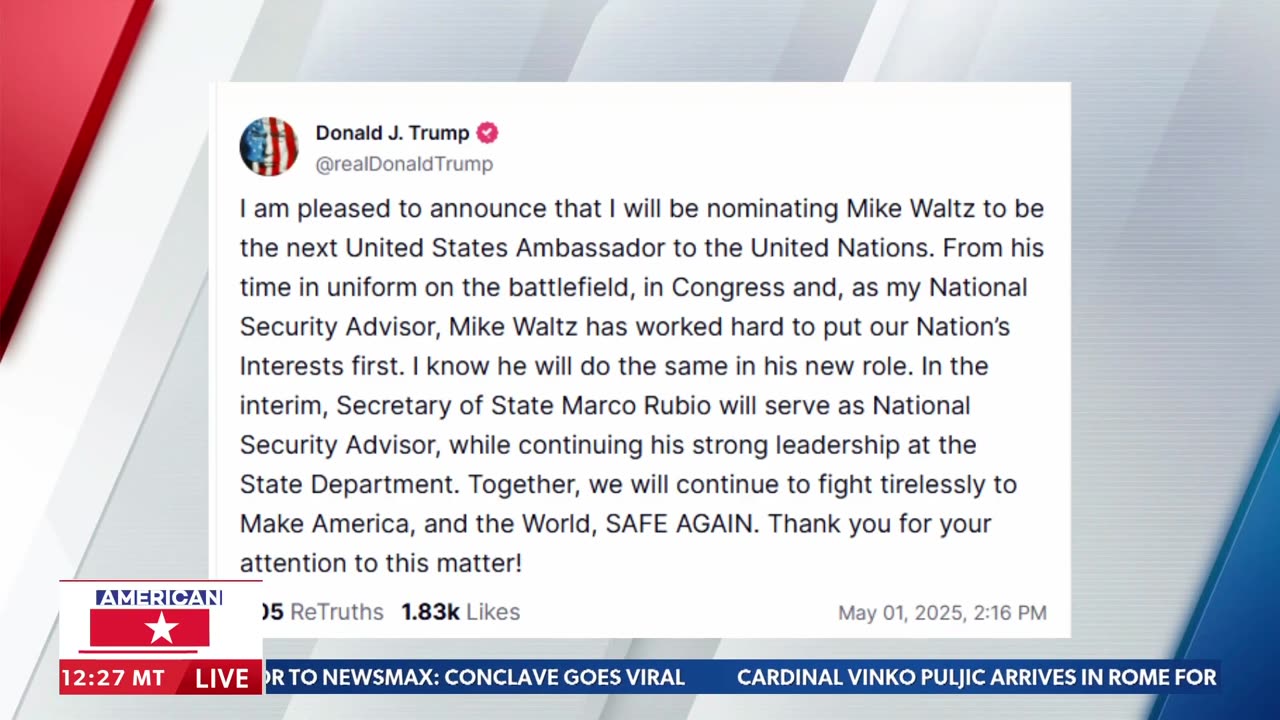 BREAKING: Waltz nominated as UN Ambassador, Rubio will be interim NSA