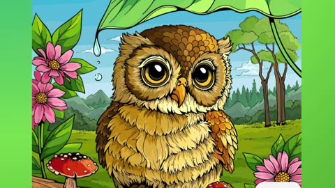Whimsical Owl Under a Leaf Shelter in a Vibrant Forest Scene