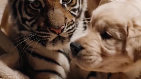 Adorable Baby Tiger Cuddles Golden Retriever Puppy – Cutest Friendship Ever