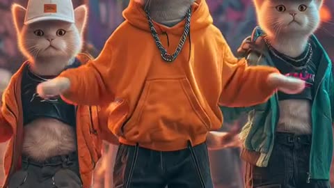 Group of cats dancing in joint hip hop, keeping natural feline body proportions with realistic