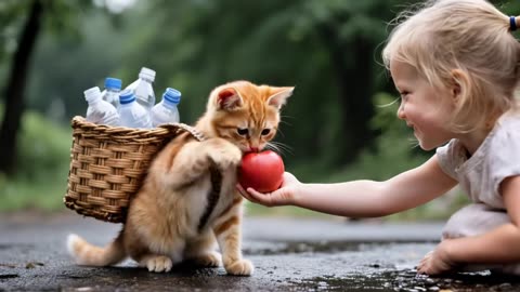 Kitten Collects Bottles, Mocked by Pigs – Kind Girl Gives Apple to Share with Mama Cat 🐾🐷