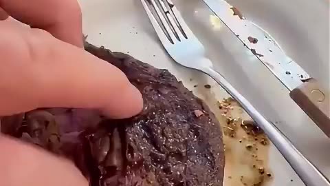 He pulls apart the steak to show layer by layer it’s been glued together