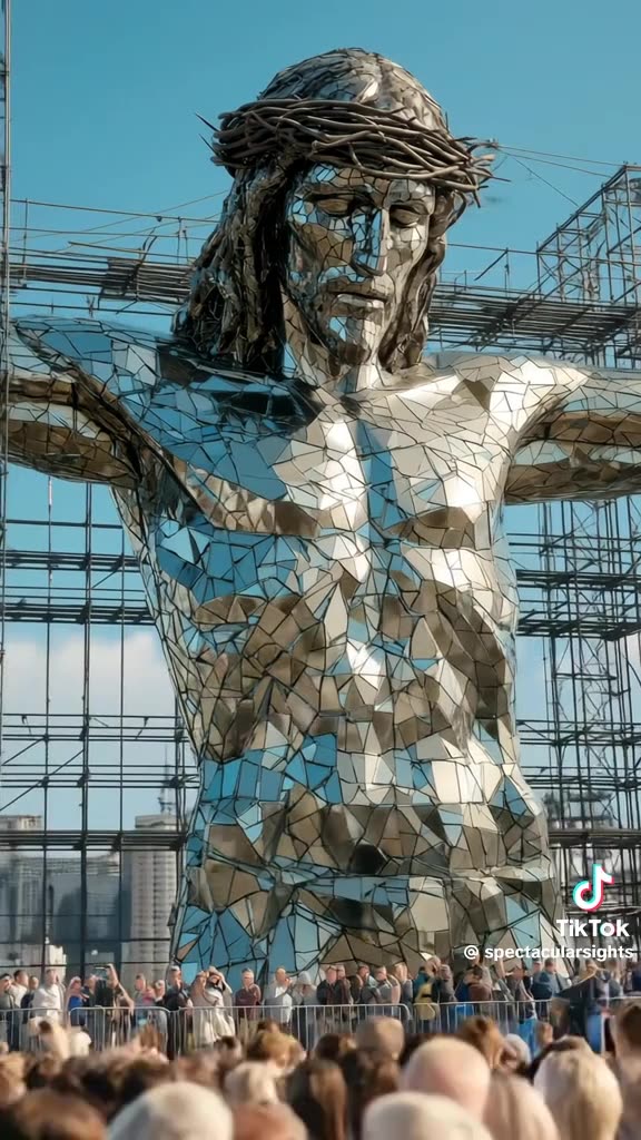 A monumental Jesus sculpture built entirely from mirrored steel