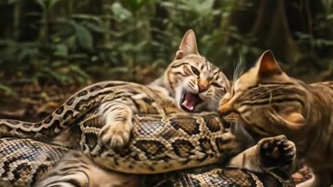 Python wraps cat, another cat tries to rescue friend