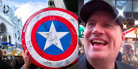 KEVIN FEIGE ⭐ signs a big Captain America SHIELD ❤️🤍💙 for a children's hospital charity 22/4/25