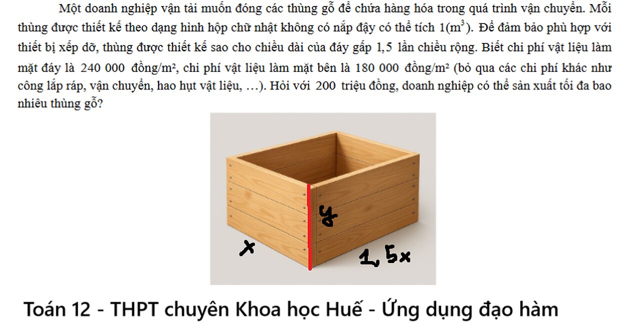 THPT chuyên Khoa học Huế: Một doanh nghiệp vận tải muốn đóng các thùng gỗ để chứa hàng hóa trong quá