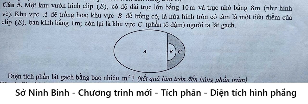 Sở Ninh Bình: Toán 12: Một khu vườn hình elip (E), có độ dài trục lớn bằng 10m và trục nhỏ