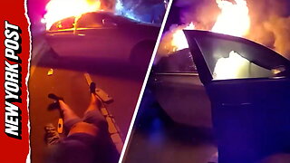 Officer Rushes into Flames to Save Woman From Fiery Carjacking Crash