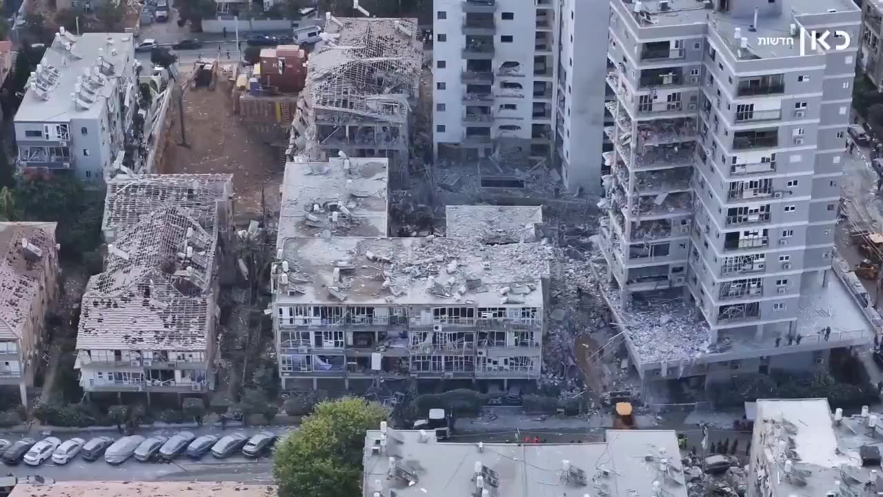 Drone footage of destruction caused by Iranain missiles in Bat Yam, Israel