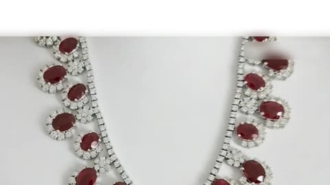 Oval Ruby & Diamond Halo Festoon Bib Necklace – Elegant Gemstone Statement