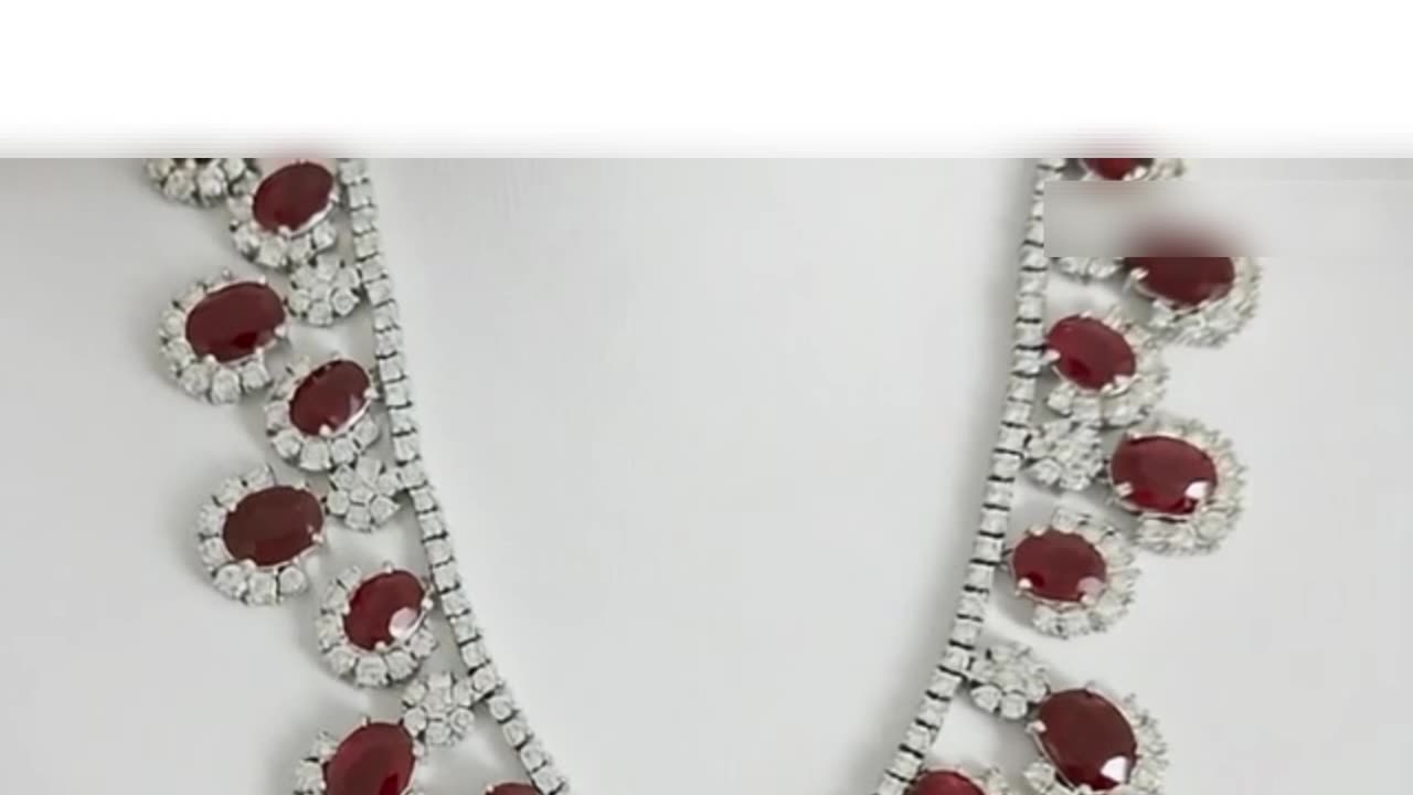 Oval Ruby & Diamond Halo Festoon Bib Necklace – Elegant Gemstone Statement