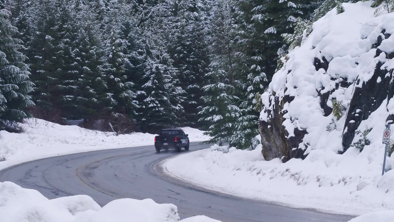 Pickup trucks turning a curve in a highway in a snowy pine forest in Canada.