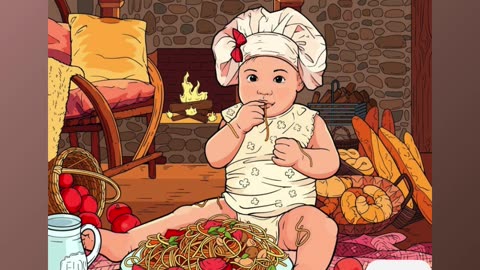Adorable Baby Chef Enjoying Spaghetti in a Cozy Rustic Kitchen