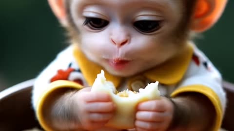 A baby monkey enjoy the food
