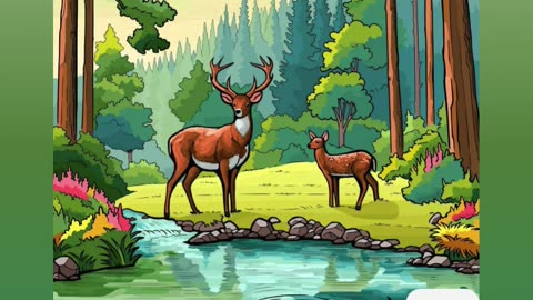 Peaceful Forest Scene with Deer by a Tranquil Stream