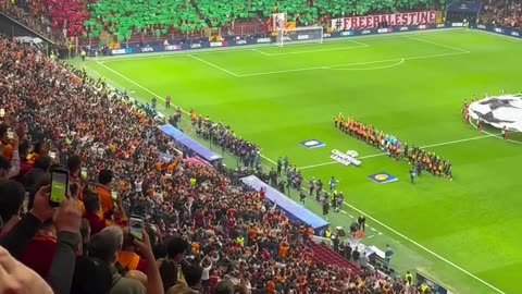 “Free Palestine” and “Stop Genocide” banners during Thursday’s Champions League match