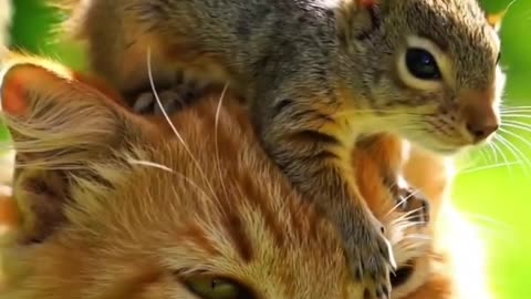 Tiny Squirrel Climbs Kitten’s Head — Cutest Thing You ll See Today! #shorts