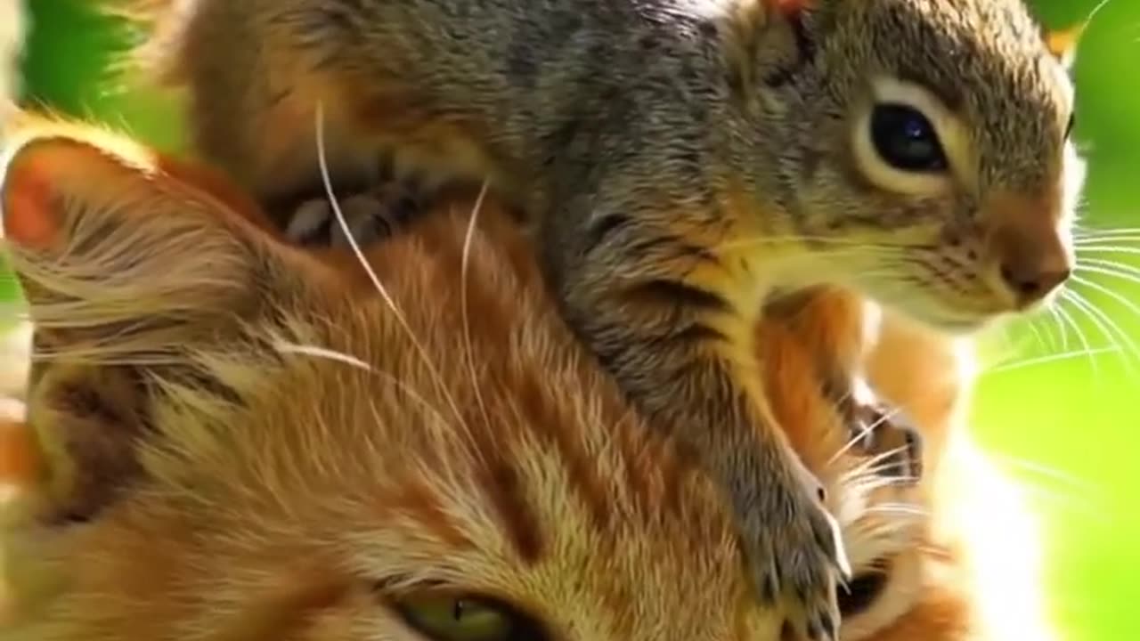 Tiny Squirrel Climbs Kitten’s Head — Cutest Thing You ll See Today! #shorts