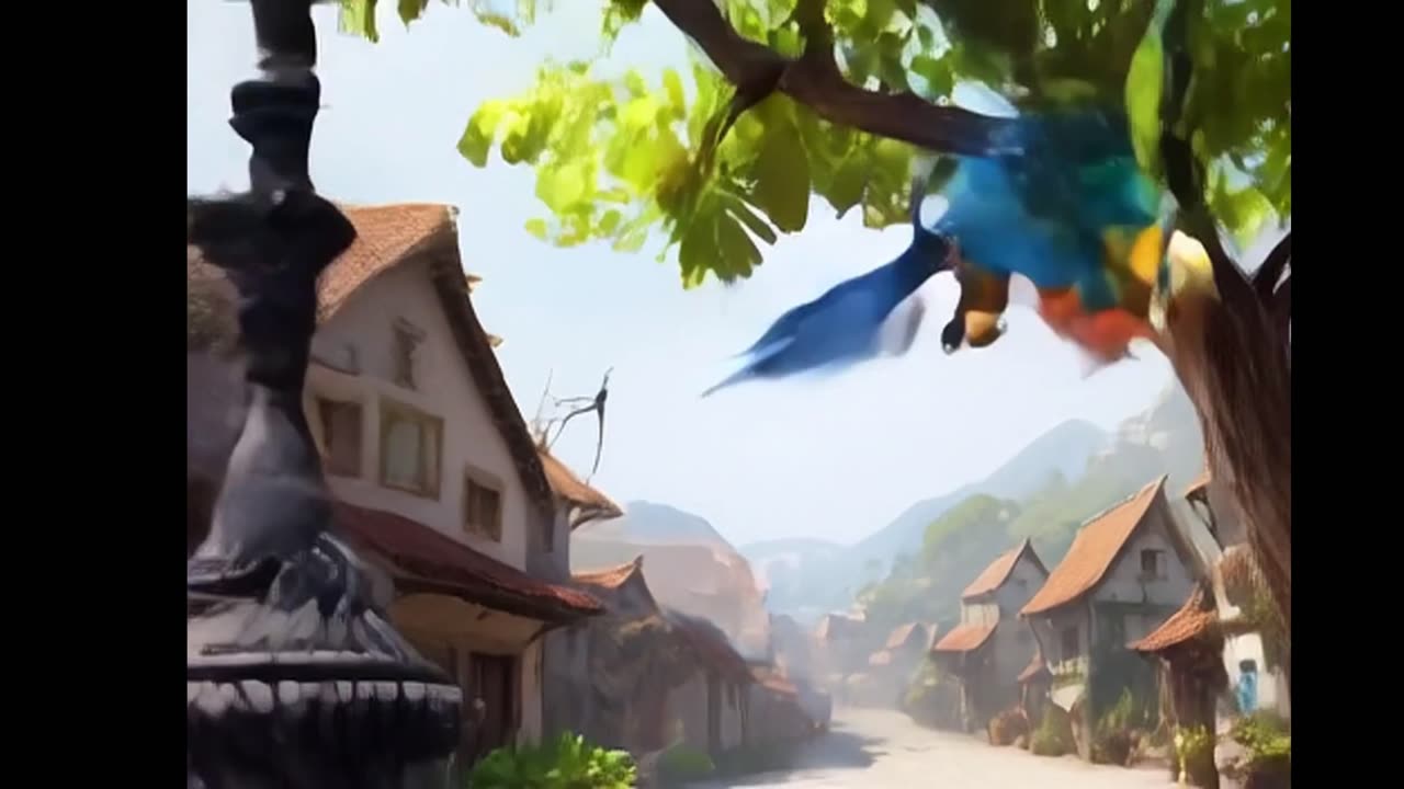 video of a parrot flying over a village