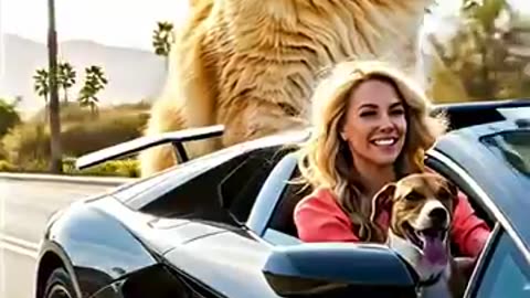 cute cat, dog driving a lambuhgini with lady 🐈🐕