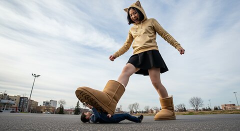 A Gigantic Happy Adult east asian girl with Cat ears Gold hoodie stepping on Tiny Person