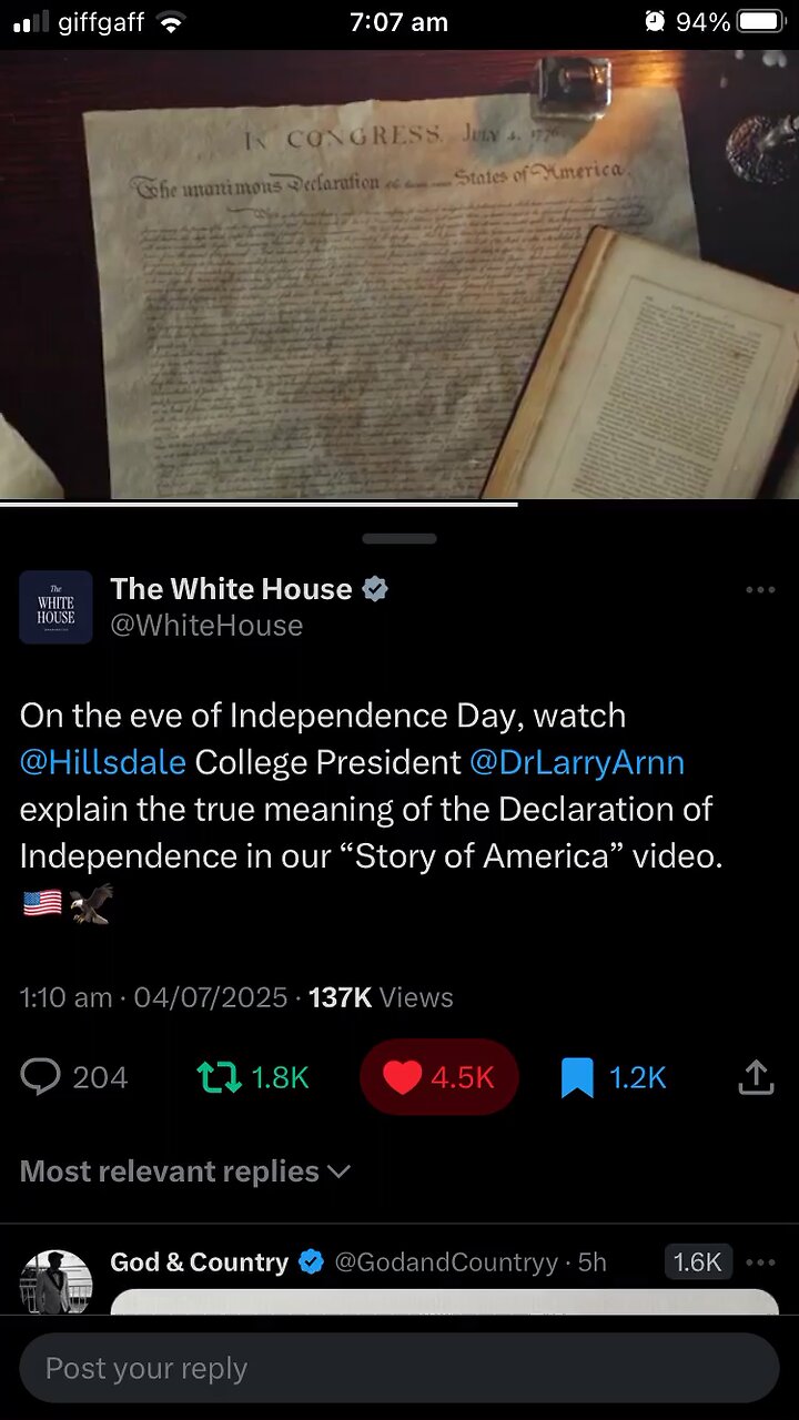 The White House: 4 th July Declaration of Independence 04/07/2025