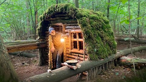 Building a Forest Cabin with Moss Roof | Primitive Survival Shelter in the Woods