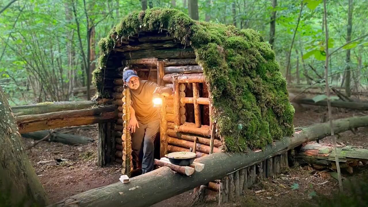 Building a Forest Cabin with Moss Roof | Primitive Survival Shelter in the Woods