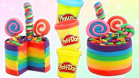 DIY Play Doh Rainbow Cake with Candy Toppings!