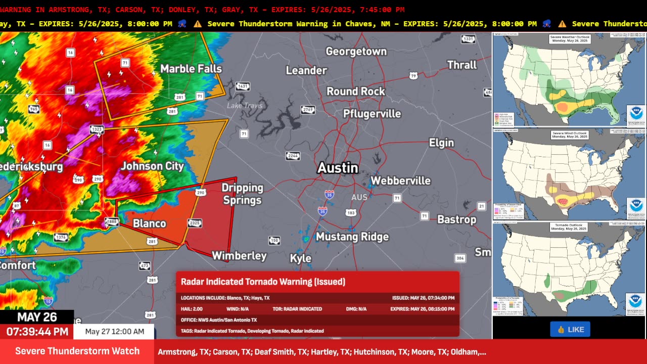 🚨 TORNADO WARNING Near Austin, TX – Blanco & Hays Counties Under Threat | May 26, 2025
