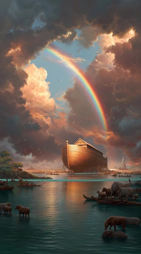 The storm clouds fade, sunlight breaks through, and a huge rainbow