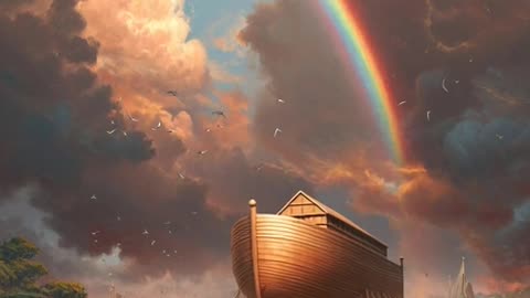 The storm clouds fade, sunlight breaks through, and a huge rainbow