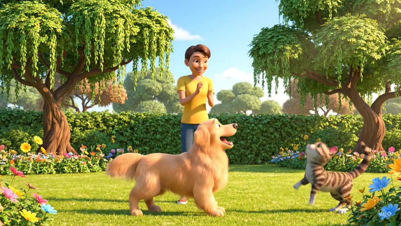 Fun in the Garden: Girl, Dog, and Cat Enjoy Playtime Together