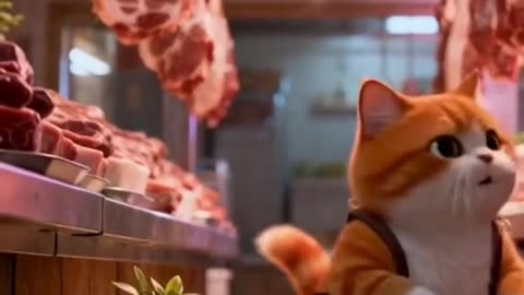 💕cute chubby orange and white cat holding a basket walks happily through a butcher shop❤️